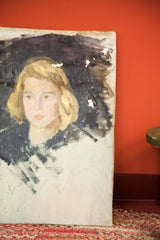 Salvatore Aucello unfinished painting detail: blonde woman's hair, dark background, pronounced paint loss.