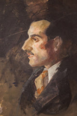 Aucello painting close-up: man's profile, dark hair, prominent nose, and oil paint texture.