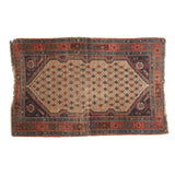 Antique Kurdish Hamadan rug with allover interlaced budded floral lattice, camel, navy, madder red, green, 3'10