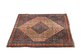 Antique Persian Senneh rug, classic medallion and herati motif, dark blue, beige, rust.