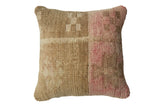 Vintage Oushak rug fragment pillow with faded beige and rose geometric pattern, 17x17.