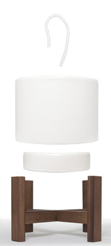 Separate white ceramic pot, drip tray, brown wooden stand, and self-watering nylon string.