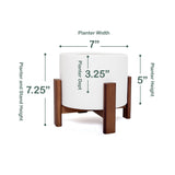 White ceramic planter on wooden stand diagram with key product dimensions.