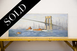 Vintage landscape painting of the Brooklyn Bridge with tugboats and a hazy NYC skyline.