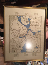 Vintage 1960s Katonah NY map framed, showing blue water and historical annotations.