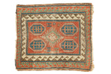 Antique Kazak geometric square rug, madder red field, bold medallions, 3'3