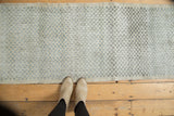 Distressed Oushak runner, checker motif, dynamic dye lots in ivory, charcoal, sea foam.