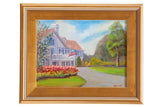 Aronian painting of Lasdon House Katonah: light blue house, red roof, green landscape, gold frame.