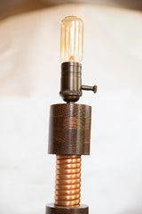 Close-up of an Edison lamp's vintage bulb, dark metal socket, and grainy solid oak wood.