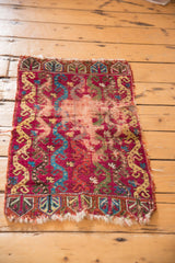 Worn raspberry red pile and tattered end border with germinating plants on antique rug.