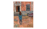 Grace B. Keogh The Visitor painting: red-haired girl, blue dress, brick house, maroon car.
