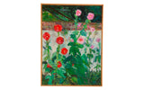 Grace B. Keogh 'Hollyhocks' painting with vibrant red, pink flowers, green foliage, wood frame.