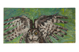 Grace B. Keogh 'Owl' painting with open wings, textured brown and gray, vibrant green background.