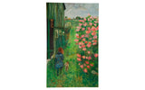 Painting of a girl walking a small dog in a vibrant garden with pink roses, 36x60 inches.
