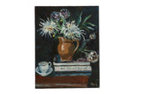 Grace B. Keogh painting of white flowers in brown vase, stacked books, and teacup.