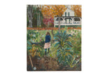 Grace B. Keogh 'Girl in Garden' painting, a girl in a vibrant autumn garden with white house.