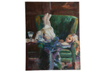 Grace Keogh painting of a girl relaxing in a deep green armchair, 20x24 inches.