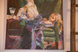 Detail of the young girl's pensive face and blonde hair against the green chair.