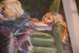 Textured blonde hair and green armchair edge in Grace Keogh painting.