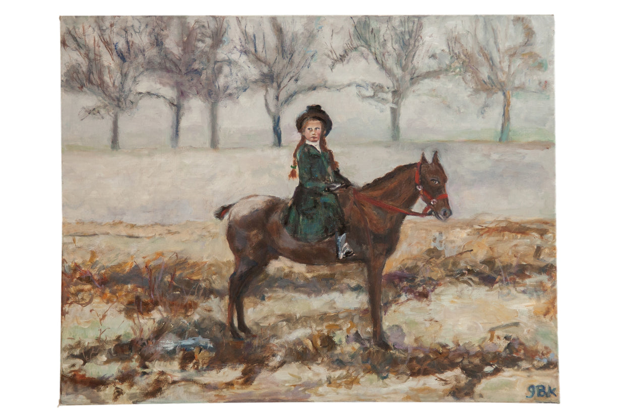 Grace B. Keogh original painting: girl on brown horse in a misty winter landscape.