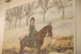 Brown horse, red bridle, and young girl in dark green from the painting.
