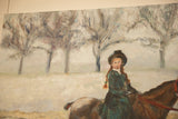 Close-up of the painting's atmospheric trees and misty background in muted tones.