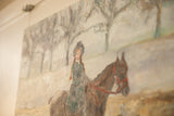 Impasto texture and muted tones in the misty background of the 'Riding in the Mist' painting.