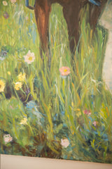 Textured brushstrokes of vibrant green grass and colorful wildflowers in the Keogh painting.