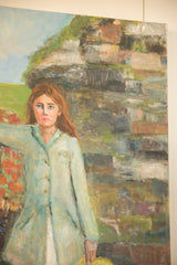 Detail of Grace B. Keogh painting: woman in vibrant blue-green coat, stone wall background.