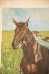 Horse's expressive brown head and bridle in a vibrant green field painting.