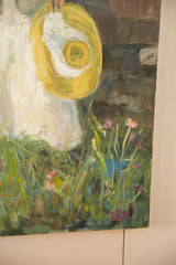 Artist's GBK signature among vibrant green grass and small pink flowers on canvas.