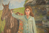 Grace B. Keogh painting: woman with auburn hair and light green shirt, beside brown horse.
