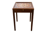 Vintage end table by Matt Ulrich Paint, dark brown with white, yellow, reddish-brown dots.