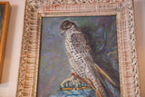 Grace Keogh's falcon painting, textured bird, subdued tones, ornate vintage frame.