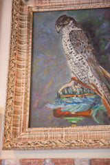 Distressed carved vintage frame's bottom right corner, showing colorful painting edge.