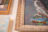 Ornate distressed frame corner with falcon's gripping talons in My Pet Falcon painting.