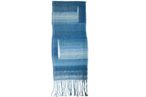 Lea Thomas abstract hand-dyed weaving, blue wave-like bands and distinct vertical slits.