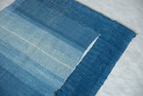 Close-up of hand-woven texture with naturally hand-dyed deep and pale blue yarns.