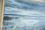 Textured blue and gray brushstrokes in the sky and water of 
