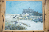 Upper left detail of Grace B. Keogh painting, textured light blue sky and natural wood frame.