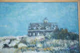 Textured light blue sky and natural wood frame corner of the painting.