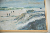 Sandy dune and waves in Grace B. Keogh's 'People on Beach' painting, with 'GBK' signature.