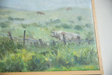 Textured brushwork detail of white bull, wooden fence, and green meadow painting.