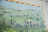 Textured painting by Keogh with light bull, barbed wire fence, green meadow.