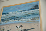 Grace B. Keogh painting's light wood frame, textured blue sky and crashing waves.