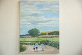 Textured brushwork on Grace B. Keogh's 'Big Sky' painting, showing children on a path.