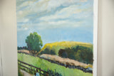 Textured canvas edge and paint detail of 'Big Sky' painting, showing blue sky.