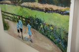 Grace B. Keogh painting: textured brushstrokes, figures walking, green foliage, brown fence.