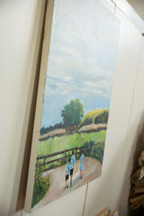 Textured detail of path, wooden fence, and three figures in a natural landscape.