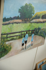 Painterly view of three figures in blue walking a light path, Keogh 'Big Sky'.
